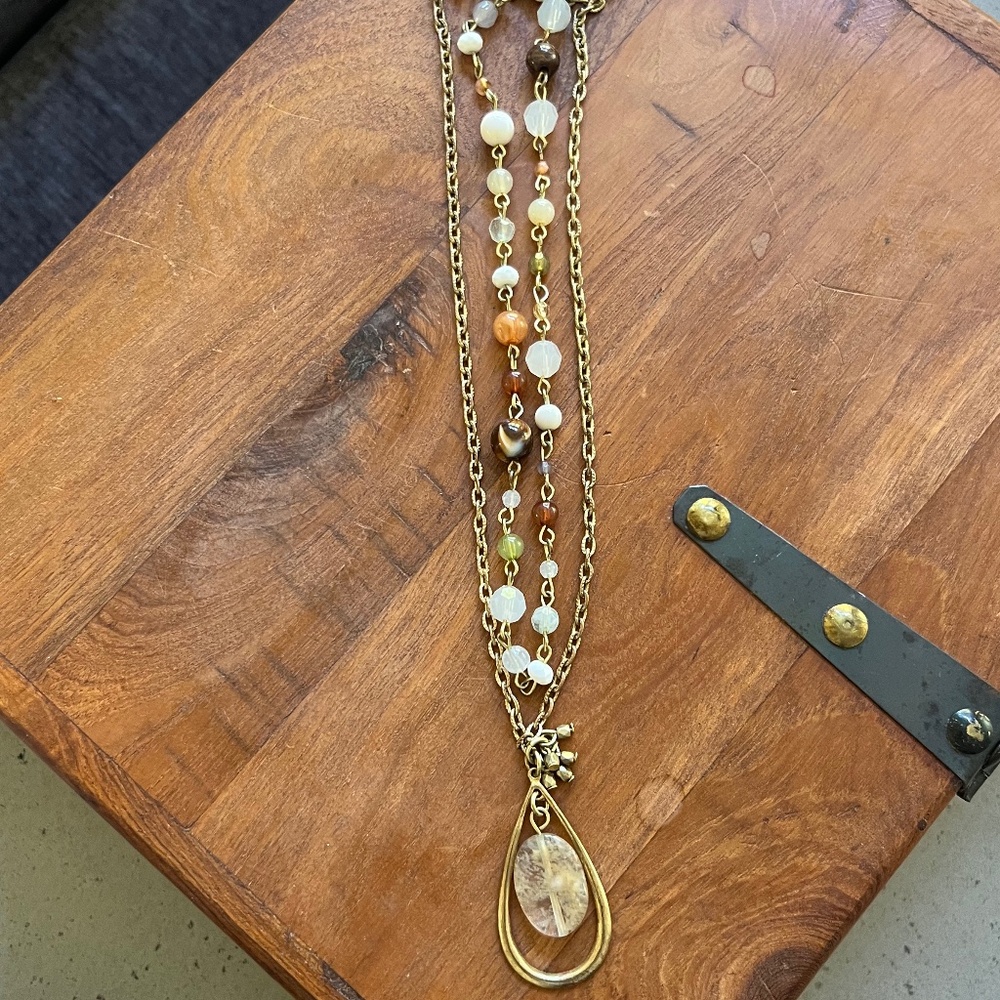 Gold Tone Multi Tiered Chain with natural beads & Bead Pendant